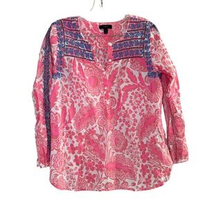 J.Crew Pink Floral Block Print Embroidered Cotton Tunic Top Womens 8 boho bold